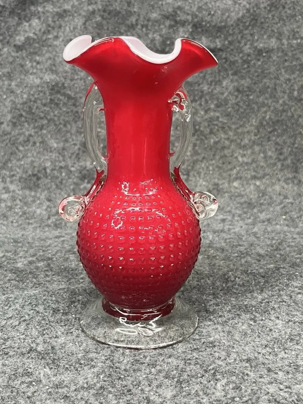 Vintage MCM Red Cased Glass Hobnail Vase Ruffled Rim White Interior 2 Handles 6”